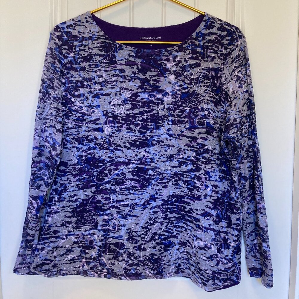 Coldwater Creek Purple Abstract Top, Women’s XL – Long Sleeve